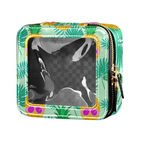 Kosmetiktasche für den Sommer, Motiv: Ananas, Palmblatt, Grün, transparent, aus Leder, Kosmetiktasche, tragbarer Make-up-Organizer für Reisen von Amooorous