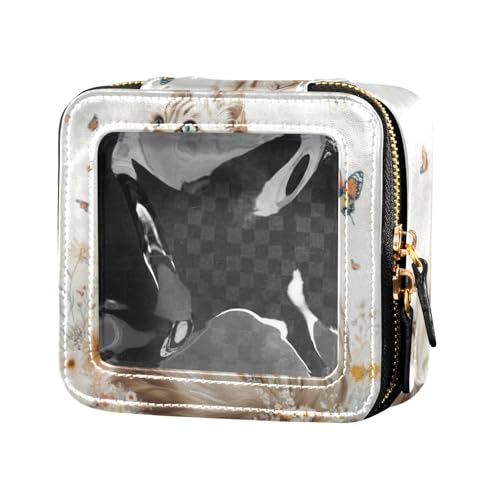 Kosmetiktasche mit Cartoon-Motiv, Motiv: niedliche weiße Katze, Blumen, Schmetterling, Reise-Make-up-Tasche, transparenter Nagellack-Organizer für Reisen von Amooorous
