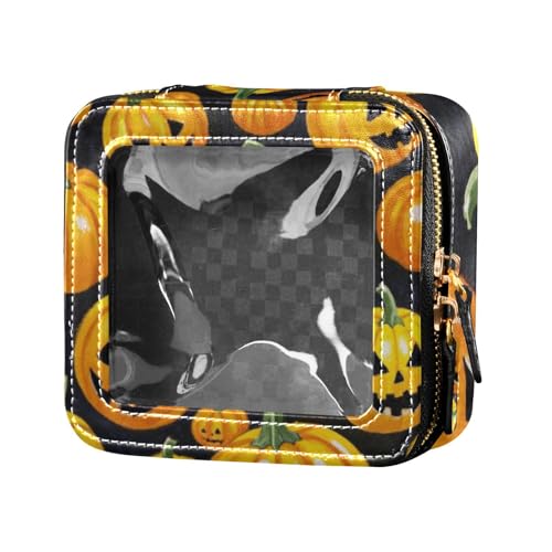 Kosmetiktasche mit Halloween-Kürbis in Ölgemälde, Kosmetiktasche, Organizer, Leder, Kulturbeutel, tragbarer Make-up-Organizer für Fliegen, Gelb von Amooorous
