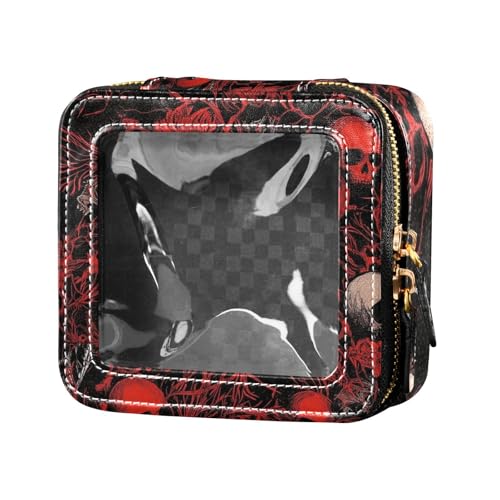 Kosmetiktasche mit Halloween-Totenkopf-Blumen, transparent, Kulturbeutel, Leder, Organizer für Reisen, Schwarz und Rot von Amooorous