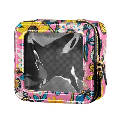 Kosmetiktasche mit Ölgemälde mit gelben Retro-Sonnenblumen, transparent, klein, Kulturbeutel mit Reißverschluss, Leder-Organizer-Tasche für Reisen von Amooorous