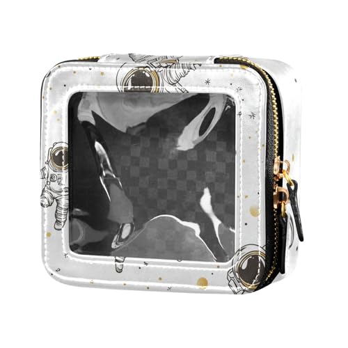 Kosmetiktasche mit Reißverschluss, Motiv: Cartoon, niedlicher weißer Astronaut, Planet, transparent, Reise-Kosmetiktasche für Damen von Amooorous