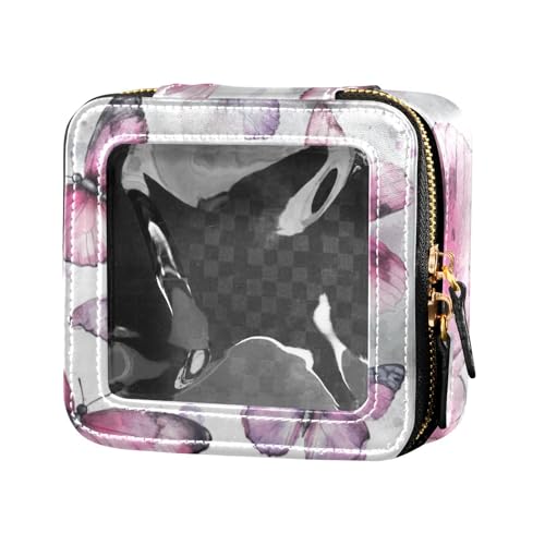 Kosmetiktasche mit Reißverschluss, Motiv: rosa und violette Tinte, Schmetterling, Kulturbeutel, tragbarer Make-up-Organizer zum Fliegen von Amooorous