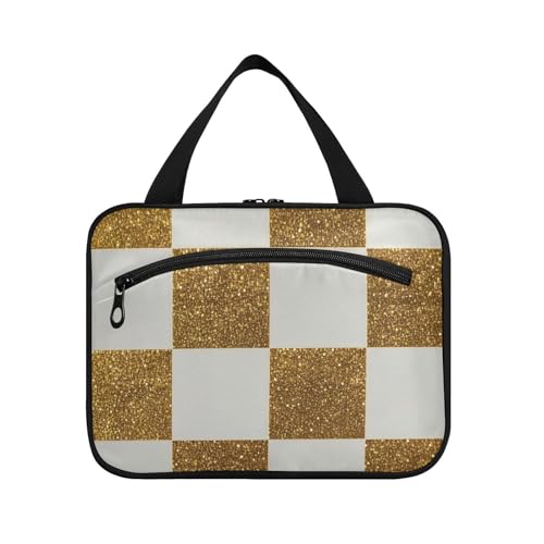 Kosmetiktasche mit künstlichem Glitzer, Schachbrettmuster, quadratisch, zum Aufhängen, für Damen, mit Haken, tragbare Designer-Medizintasche für Reisezubehör, Reisezubehör, Porta Cosmeticos Mujer para von Amooorous