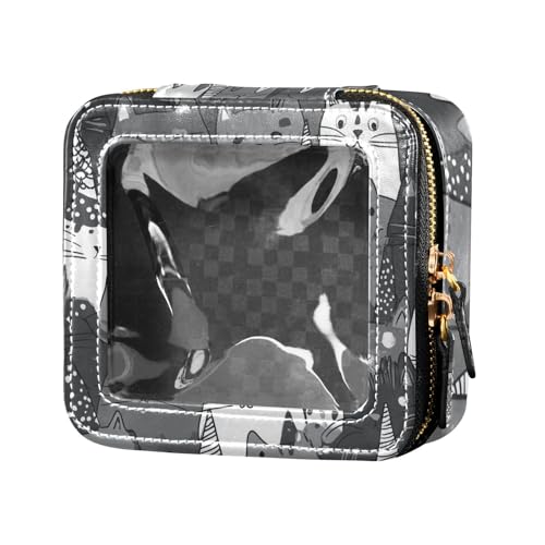 Kosmetiktasche mit niedlichem Cartoon-Motiv, Katzen-Motiv, transparent, Reise-Kulturbeutel, Leder-Organizer-Tasche zum Fliegen von Amooorous