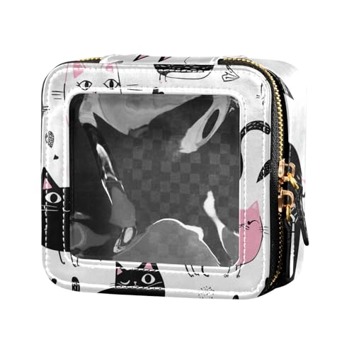 Kosmetiktasche mit niedlicher Katze, Cartoon-Motiv, transparent, mit Reißverschluss, Leder-Organizer-Tasche für Reisen von Amooorous