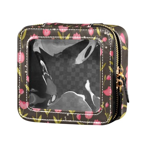 Kosmetiktasche mit rosa Blumen und grünen Blättern, Vektor-Illustration, flacher Stil, Kosmetiktasche, tragbarer Make-up-Organizer für Reisen von Amooorous