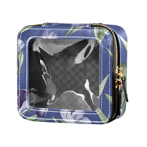 Kosmetiktasche mit violetten Blumen und grünen Blättern, transparentes Leder, Kulturbeutel, Nagellack-Organizer-Tasche zum Fliegen von Amooorous