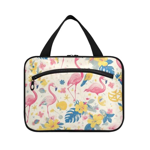 Kosmetiktasche zum Aufhängen mit rosa Flamingos und gelben Blumen für Damen, mit Haken, Designer-Rasierset, Tasche für Herren, wichtige Dinge für Frauen, Badezimmer, Bolsas para maquillaje L von Amooorous