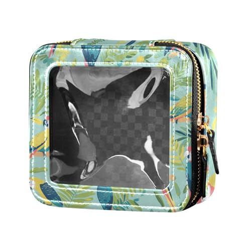 Kulturbeutel aus Leder, Motiv: Papageien, tropische Pflanzen, Grün, transparent, Kulturbeutel, Nagellack-Organizer-Tasche zum Fliegen von Amooorous