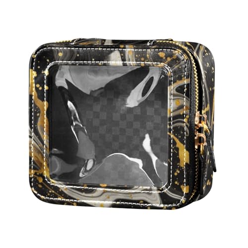 Kulturbeutel aus transparentem Leder, Motiv: Hintergrund mit wirbelndem schwarzen und goldenen Marmor-Muster, Mini-Make-up-Tasche, Hautpflege-Tasche für Damen, Ein Hintergrund mit wirbelnden schwarzen von Amooorous