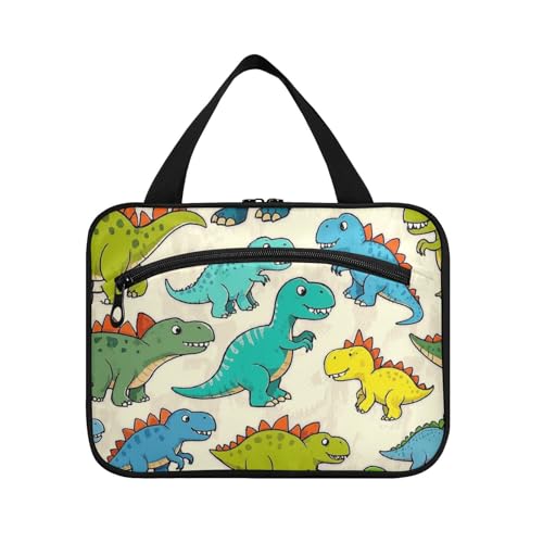 Kulturbeutel für Damen, Cartoon-Dinosaurier, zum Aufhängen, groß, mit Haken, wasserdichte Designer-Tasche für Toilettenartikel, Reiseutensilien, Reisen, Bolso para maquillaje de Mujer, Größe L, Beige von Amooorous