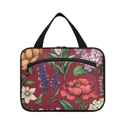 Kulturbeutel für Damen, Motiv: Ölgemälde mit Retro-Blumen, zum Aufhängen, Kulturbeutel mit Haken, Designer-Chic-Tasche für Herren, Zubehör, Muss für Rucksackreisen, Bolso para maquillaje L von Amooorous