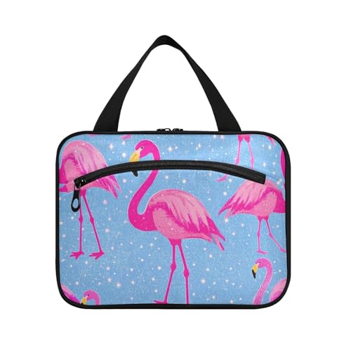 Kulturbeutel für Damen, künstlicher Glitzer, Cartoon-Flamingo, Blau, zum Aufhängen, Kulturbeutel mit Haken, Designer-Kulturbeutel, zum Aufhängen für Reisen, muss funktionieren, Bolso de para Mujer L von Amooorous