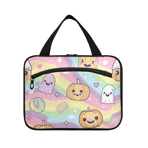 Kulturbeutel für Herren, Cartoon-Motiv, niedlicher gelber Halloween-Kürbis-Hänger, mit Haken, Designer-Kultur-Set für Damen, Muss für Toilette, Bolsa para maquillaje L von Amooorous