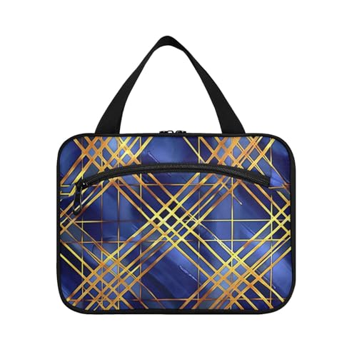 Kulturbeutel für Herren mit Haken, kompakte Designer-Tasche für Herren, Reisezubehör, Fitnessstudio, Bolso para maquillaje de Mujer, Blau und Gold kariert von Amooorous