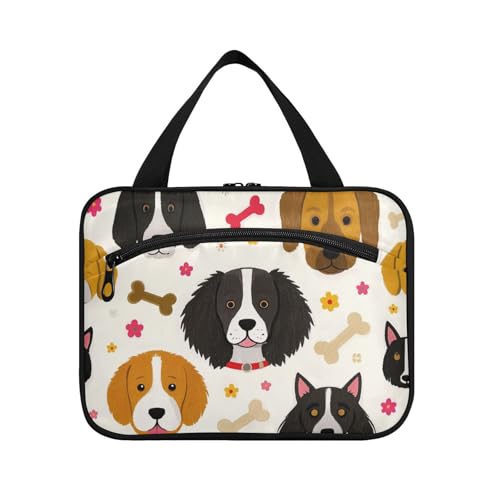 Kulturbeutel mit Cartoon-Hundeköpfen und Knochen, zum Aufhängen, Reise-Organizer mit Haken, Designer-Zubehör, Make-up-Tasche für Frauen, Muss für die Toilette, Größe L von Amooorous