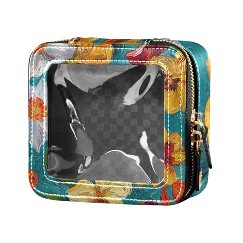 Kulturbeutel mit Ölgemälde mit bunten Retro-Blumen, niedlich, Reise-Make-up-Tasche, transparentes Leder, Kulturbeutel, Nagellack-Organizer-Tasche zum Fliegen von Amooorous