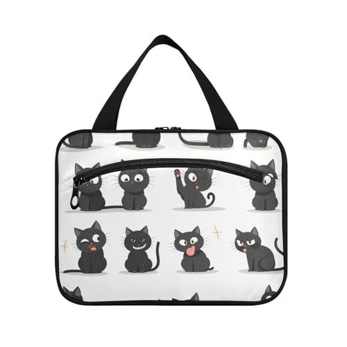 Kulturbeutel mit lustigem Cartoon-Motiv, schwarze Katze, zum Aufhängen, mit Haken, Designer-Make-up-Taschen für Damen, ein Muss für das Badezimmer, Set de para Mujer L von Amooorous