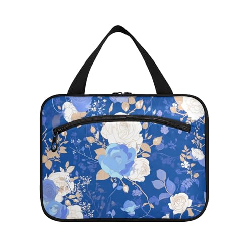 Kulturbeutel mit romantischen Blumen zum Aufhängen, mit Haken, Designerbedarf, Tragetasche für Reisen, Essentials für Damen, Rucksackreisen, Blau und Weiß von Amooorous