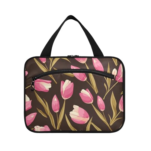 Kulturbeutel zum Aufhängen, Motiv: rosa Tulipa, grüne Blätter, flache Illustration, mit Haken, Designerbedarf, Kulturbeutel für Damen, Reiseporta, Kosmetik, Mujer para cartera, L Kulturbeutel zum Aufhängen, Motiv: rosa Tulipa, grüne Blätter, flache Illustration, mit Haken, Designerbedarf, Kulturbeutel für Damen, Reiseporta, Kosmetik, Mujer para cartera, L von Amooorous