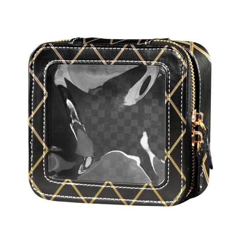 Leder-Kosmetiktasche, Make-up-Organizer für Reisen, goldfarbenes Gittermuster, Schwarz von Amooorous