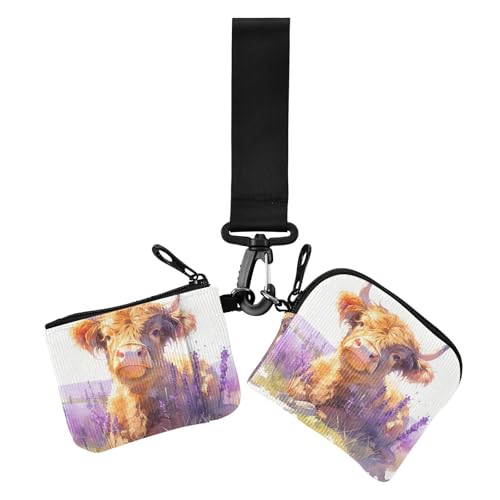 Lovely Brown Scottish Highland Cattle with Lavender Women's Change Wallet Card Cases Minimalist Key Chain Wallet Change Purse with Keychain for Work Travel 2 Packs, Schönes braunes schottisches von Amooorous