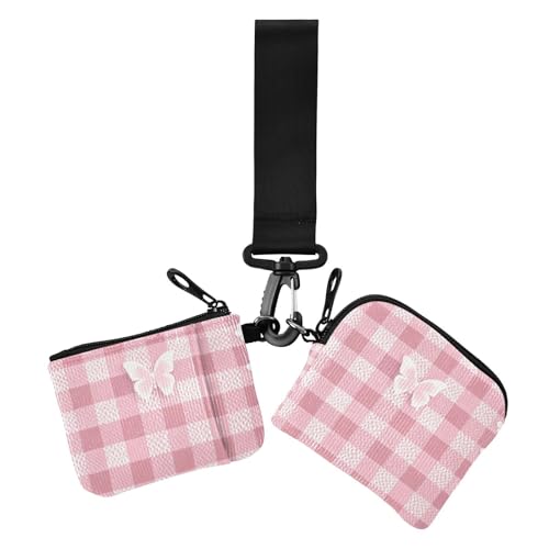 Lovely Pink Lace Butterfly Plaid Damen Münzbeutel Kartenhalter Klein Tragbar Ausweis Schutz mit Armband für Frauen 2 Packungen, Schönes rosa Schmetterlings-Plaid aus Spitze, 1 size, Casual von Amooorous