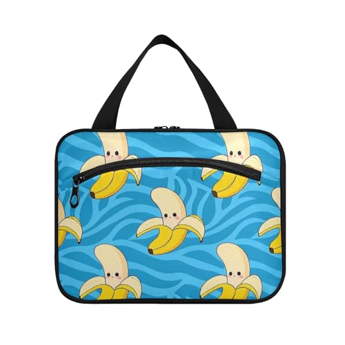 Lustiger Kulturbeutel für Herren mit Haken, gelbe Bananen, blaue Streifen, zum Aufhängen, Kulturbeutel für Kreuzfahrt, Reisen, Hotel, Maleta para maquillaje L von Amooorous