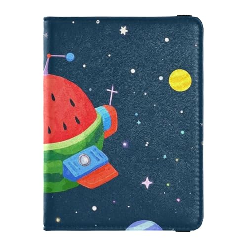 Lustiges Wassermelonen-Galaxy-Raumschiff, marineblau, Leder, dekorative Reisepasshülle für Reisen, Frauen, Impfhülle, Schutzhülle, Reisepasshülle, wasserdicht, Fun Wassermelone Galaxie Raumschiff von Amooorous