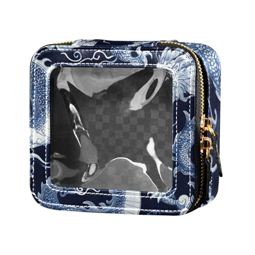 Make-up-Tasche, Leder, Kulturbeutel, Kosmetiktasche, Organizer für Reisen, Blau und Weiß von Amooorous