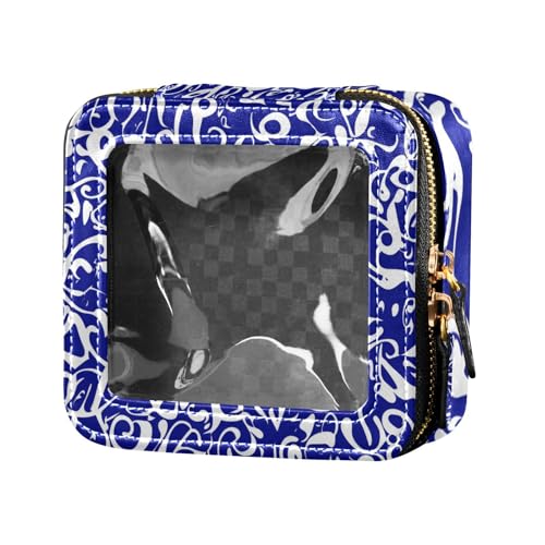 Make-up-Tasche aus Leder für Geldbörse, Kulturbeutel, Mini-Make-up-Behälter zum Fliegen, Blau und Weiß von Amooorous