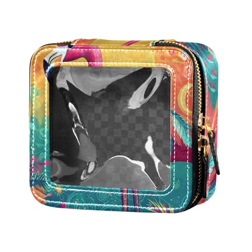 Make-up-Tasche im Bohemian-Stil, flaches Flamingo-Design, lebendige Farben, niedlich, aus transparentem Leder, Kulturbeutel, tragbarer Make-up-Organizer für Reisen von Amooorous
