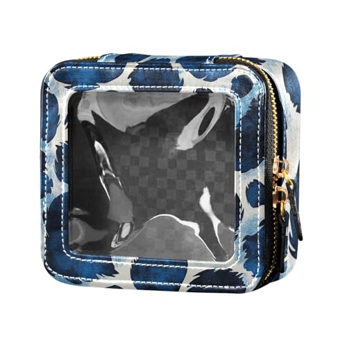 Make-up-Tasche mit Leopardenmuster, durchsichtiges Leder, Kulturbeutel, tragbarer Make-up-Organizer zum Fliegen, Blau von Amooorous