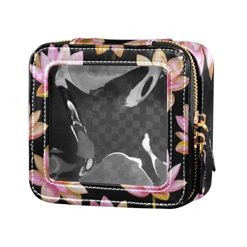 Make-up-Tasche mit Ölgemälde, Blumen-Design, transparent, Reisetasche, tragbar, Make-up-Organizer zum Fliegen, Rosa / Gold von Amooorous