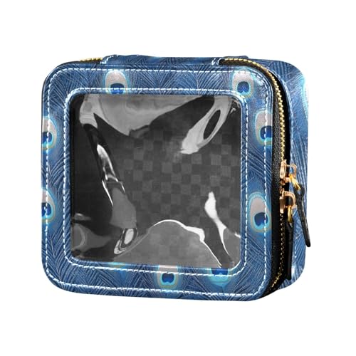 Make-up-Tasche mit blauen Pfauenfedern, transparent, Reisetaschen für Toilettenartikel, Leder-Organizer-Taschen für Reisen von Amooorous