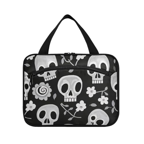 Make-up-Tasche zum Aufhängen, Motiv: weißer Totenkopf und Blumen, mit Fächern mit Haken, zusammenklappbare Designer-Kosmetiktasche für Damen, Reisen, Bolso de Maquillaje para Mujer L von Amooorous