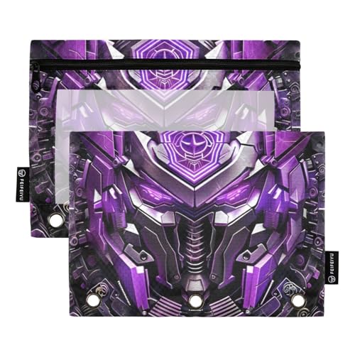 Mecha-Federmäppchen mit Reißverschluss und transparentem Fenster, kühles Violettes Mecha-Federmäppchen mit Reißverschluss in verschiedenen Farben, 3 Ringe für Schule, Büro und Zuhause, mehrfarbig, 2 von Amooorous