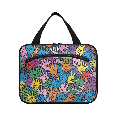 Mehrfarbige Handabdruck-Hängetasche für Damen, mit Haken, Designerbedarf, Make-up-Tasche zum Aufhängen, für Reisen, Urlaub, Bolsas de Maquillaje para Mujer L von Amooorous