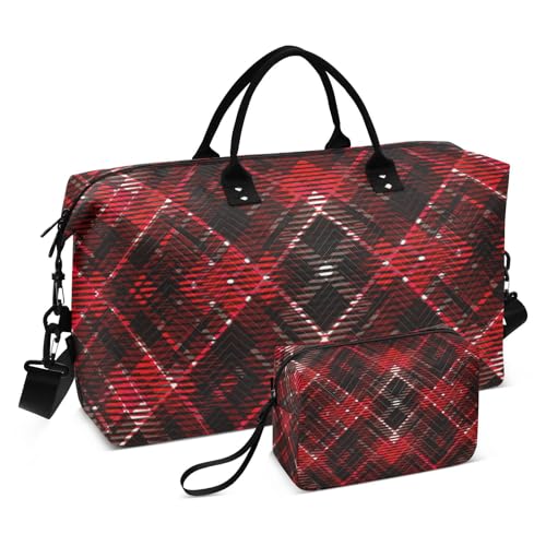 Merry Christmas Red Buffalo Plaid Check Scotland Reisetasche Weekender Seesack Große Turnbeutel mit verstellbarem Riemen für Reisen Multifunktional, Merry Christmas Red Buffalo Plaid Check Scotland, 1 von Amooorous