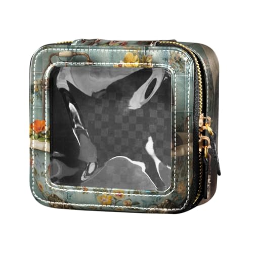 Mini-Make-up-Tasche, Cartoon-Motiv, niedlich, Grau, Nilpferd, Blumen, Kulturbeutel, Make-up-Organizer zum Fliegen von Amooorous