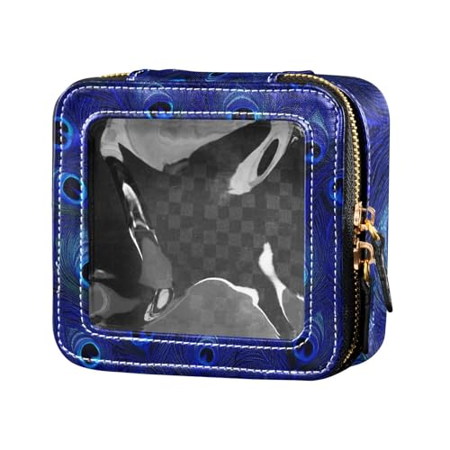Mini-Make-up-Tasche, transparent, mit Reißverschluss, Motiv: blaue Pfauenfedern, Nagellack-Organizer-Tasche für Damen von Amooorous
