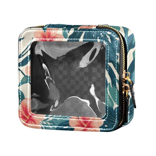 Mini-Make-up-Tasche im tropischen Stil, grüne Blätter, rote Blume, transparent, Make-up-Tasche, Organizer, Reise-Kosmetiktasche für Reisen von Amooorous