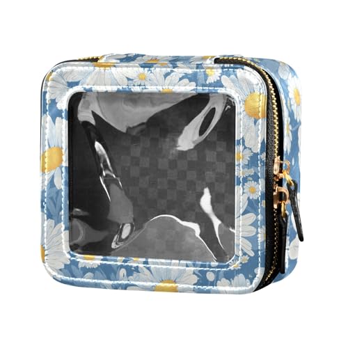 Mini-Make-up-Tasche mit hübschem Gänseblümchen-Motiv, transparent, Reise-Kulturbeutel, Make-up-Organizer für Damen, Blau und Weiß von Amooorous