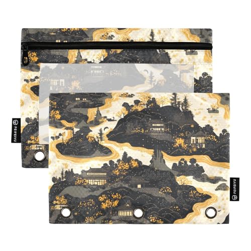 Mit klarem Fenster schwarz und gold retro Landschaft Stifttasche große Kapazität 3 Ringe Ordentasche für Klassenzimmer Schule Bürobedarf mehrfarbig 2 Stück von Amooorous