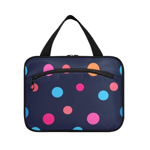 Moderne bunte runde Punkte schwarze hängende Reise-Kulturartikel mit Haken, Designer-Make-up-Tasche für Damen, Unisex, gesteppt, Größe L von Amooorous