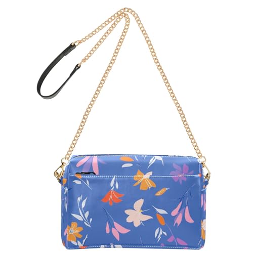 Modische Schultertasche für Damen, veganes Leder, mit Reißverschluss, blauer Hintergrund, bunte Blumen, modische Schultertasche von Amooorous
