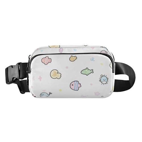 Modische Umhängetasche mit Cartoon-Motiv, für Damen und Herren, kleine Gürteltasche, Reisebrieftasche mit verstellbarem Riemen für Reisen, Laufen, Wandern, Bunte Cartoon-Fische, 1 size von Amooorous