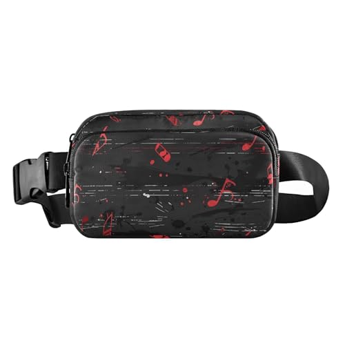 Modische Umhängetasche mit schwarzem Hintergrund mit roten Noten, Hüfttasche für Damen und Herren, wasserdicht, mit Reißverschluss, mit verstellbarem Gurt, für Reisen, Laufen, Wandern, Schwarzer von Amooorous