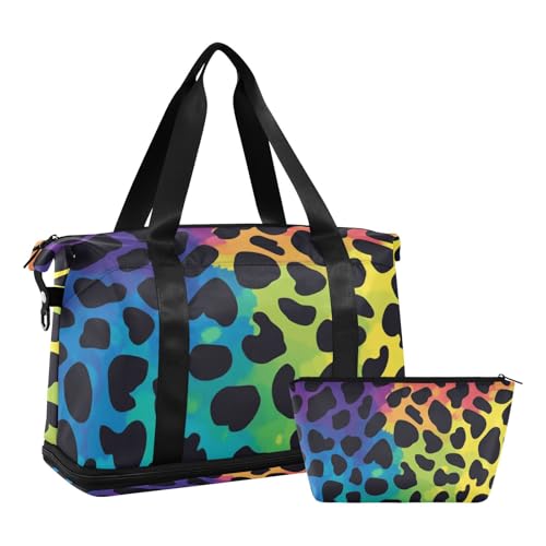 Modischer Sportbeutel mit Leopardenmuster, mit verstellbarem Riemen für Yoga, faltbar, modischer Regenbogen-Leopardenmuster, Einheitsgröße, Modischer Regenbogen-Leopardenmuster, 1 size von Amooorous